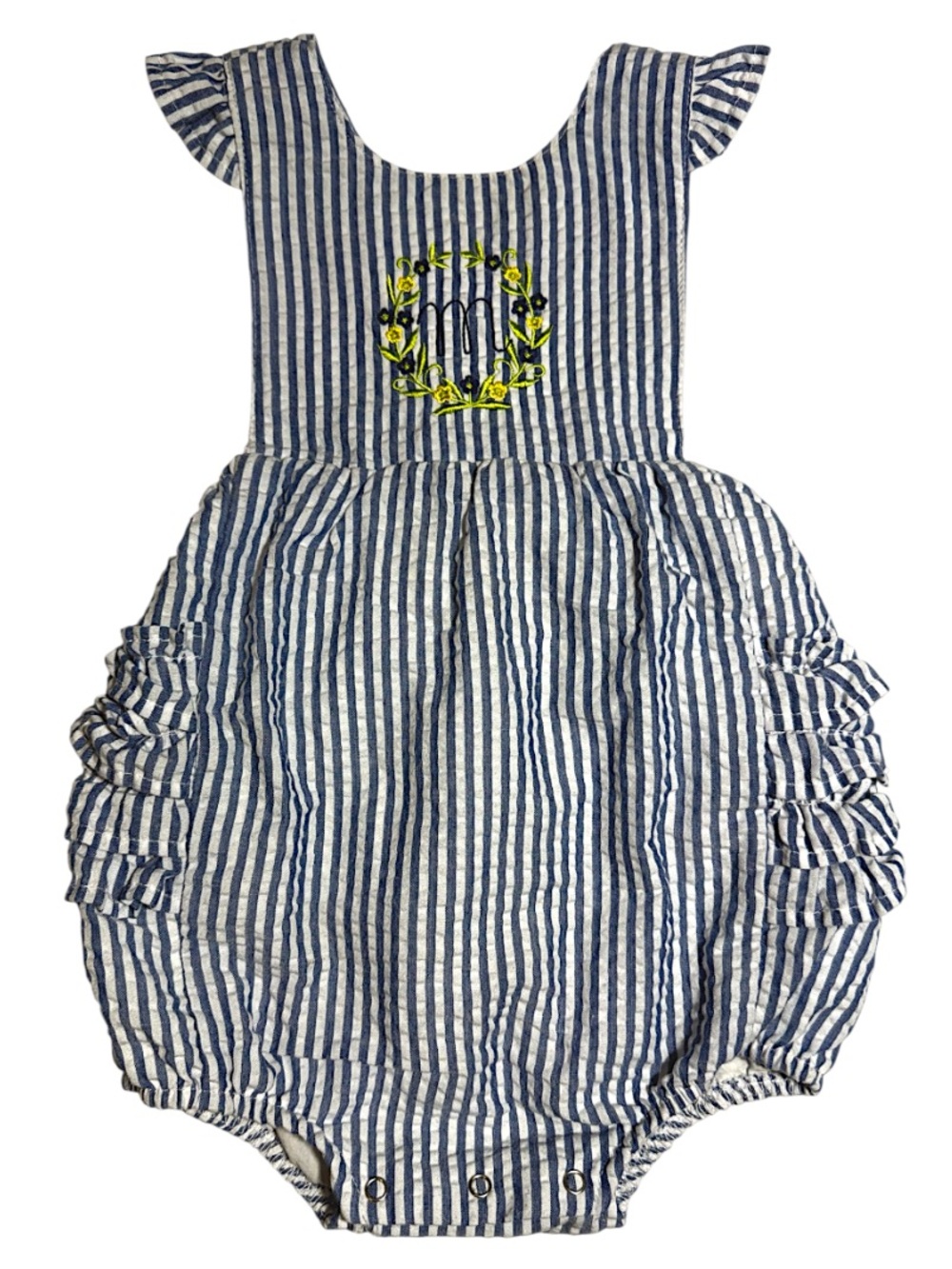 EUC blue seersucker ruffle bubble romper with floral M monogram 3t
